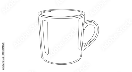 Simple Line Drawing of a Ceramic Mug with Handle, Isolated on White Background