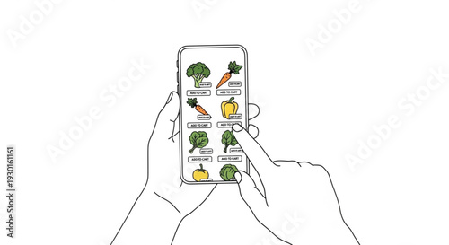 Hands holding smartphone with gardening app interface, showcasing plant care, outdoors, modern technology in use, simple line art