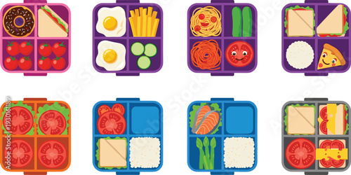Colorful School Lunch Boxes with Sandwich Rice Pasta Vegetables and Snacks Top View Vector Illustration Set