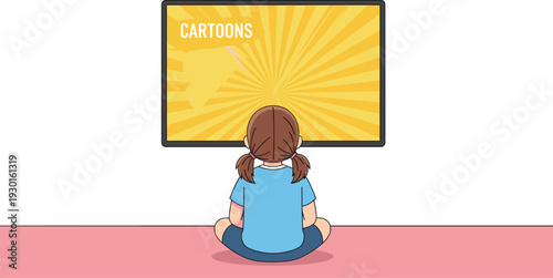 Little Girl Watching Cartoons on Television Sitting on Floor at Home Kids Screen Time Vector Illustration