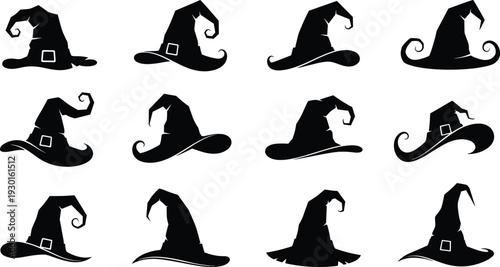 Halloween witch hat silhouette collection spooky costume vector isolated on white background