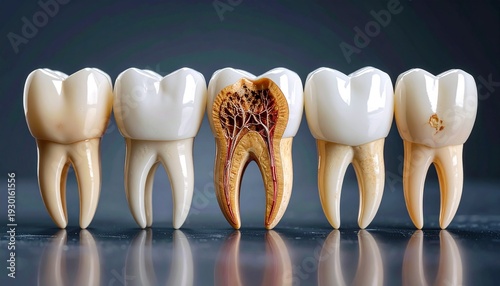 Tooth Decay in Dental Education: A detailed and informative depiction of a row of human teeth, including one afflicted with the effects of decay.