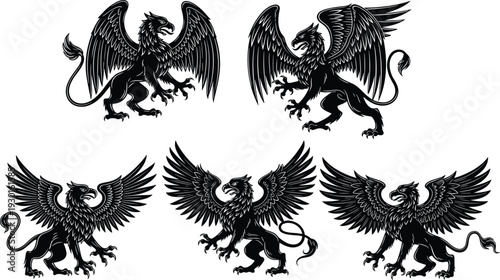 Heraldic griffin silhouette set with winged mythical creatures detailed vector isolated on white background
