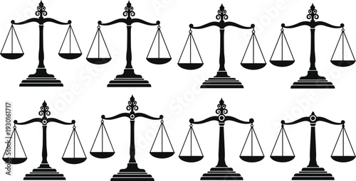 Justice scale balance silhouette set legal law symbol isolated on white background
