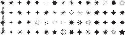 Star icons and shapes collection, various starburst and sparkle symbols in black and white, graphic elements