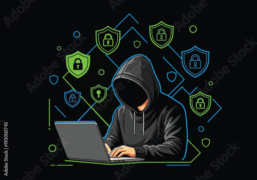Person in hoodie using laptop surrounded by security shields and locks