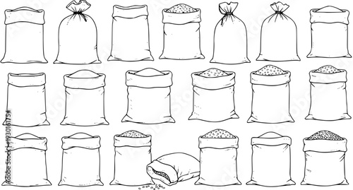 Hand-drawn line art collection of various sacks and bags: empty, full of grain, open, tied, and one spilling contents. Isolated black and white illustration.