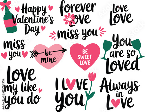 Valentine's day greeting text and romantic symbols like hearts bottles and glasses with flowers