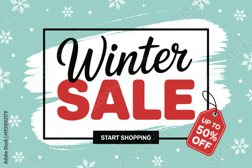 Winter sale announcement with snowflakes and red tag up to fifty percent off and start shopping button