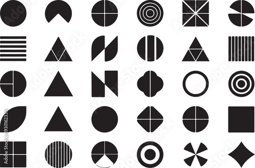 Collection of black geometric shapes and symbols on transparent background for design