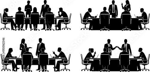 Business professionals in conference room meeting group silhouette, corporate teamwork discussion in office, executive leadership brainstorming session, professional collaboration vector design.