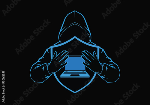 Silhouette of hacker in hoodie with blue shield and glowing laptop