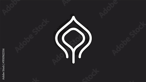 Minimalist White Abstract Flame or Leaf Symbol on Dark Background.