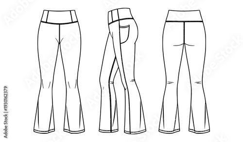 Flared Sports Leggings Fashion Flat Technical Drawing Unisex CAD Vector Template