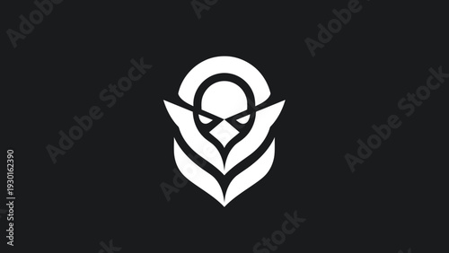 Minimalist white abstract skull logo design on black background.