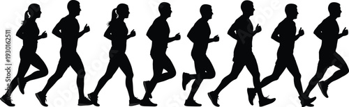 Running people silhouette sequence set of male and female joggers isolated on white background