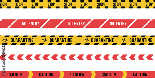 Set of warning and caution tape lines with text like stop, no entry, quarantine, biohazard, and caution, danger zone, safety perimeter
