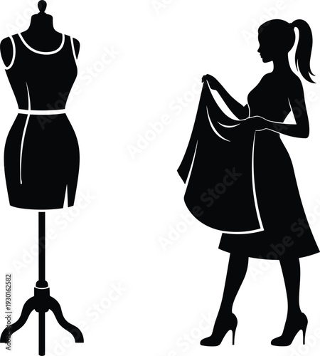 Fashion Designer Creating Custom Apparel Silhouette with Dressmaker Mannequin Tailor Woman Holding Fabric for Clothing Manufacture Small Business Workshop Studio Professional