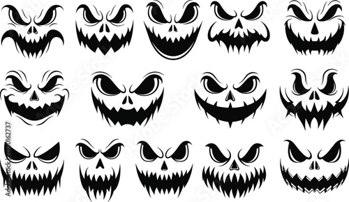 Scary Halloween pumpkin face silhouette set spooky jack o lantern vector isolated on white