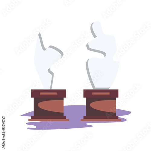Two statues on pedestals surrounded by shimmering purple water