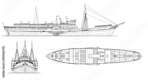 Retro paddle wheeler ship technical schematic and cross section