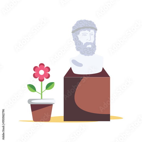 Bust of a Greek philosopher with a flower pot beside him, symbolizing wisdom and nature