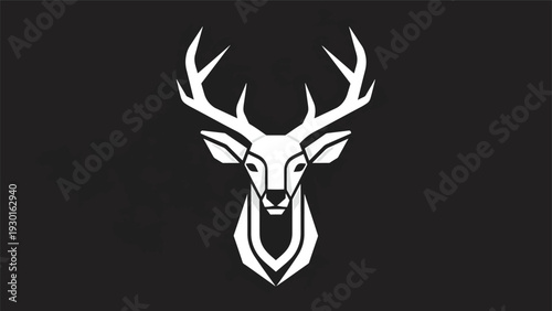 Minimalist White Deer Head Emblem on Black Background.