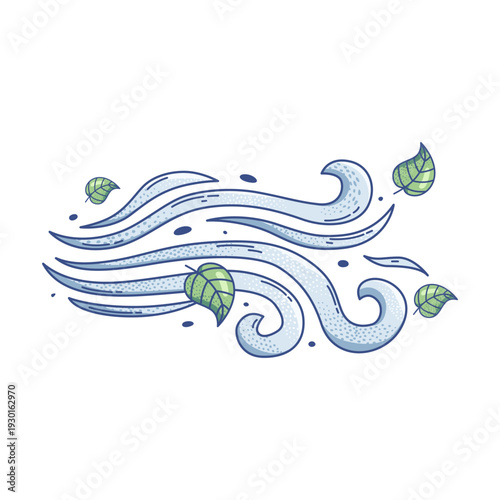 Windy weather illustration with Stylized swirling  wind gusts and green flying leave