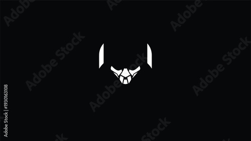Minimalist White Demon Face Logo on Black Background.