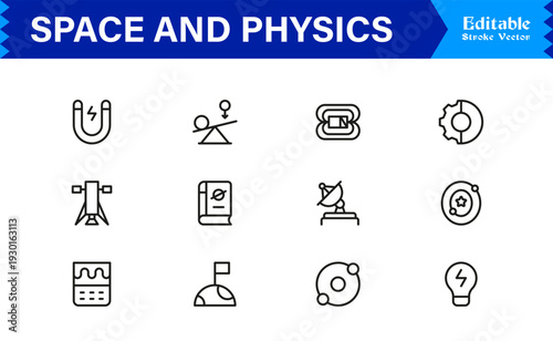 Space And Physics line icon set – Professional, minimal, and modern collection featuring editable vector symbols of astronomy, science, gravity, planets, and space concepts