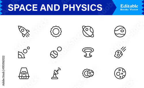 Space And Physics line icon set – Professional, minimal, and modern collection featuring editable vector symbols of astronomy, science, gravity, planets, and space concepts