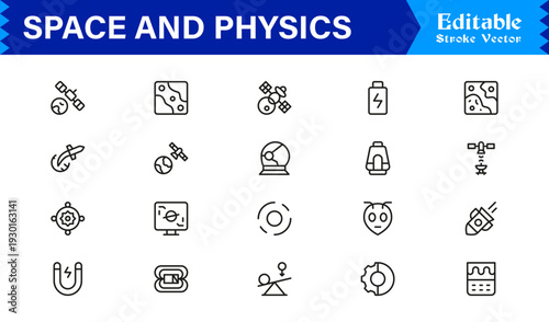 Space And Physics line icon set – Professional, minimal, and modern collection featuring editable vector symbols of astronomy, science, gravity, planets, and space concepts