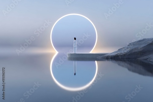 a person standing in front of an illuminated circle floating above the ocean