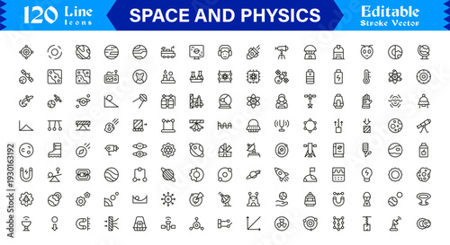 Space And Physics line icon set – Professional, minimal, and modern collection featuring editable vector symbols of astronomy, science, gravity, planets, and space concepts