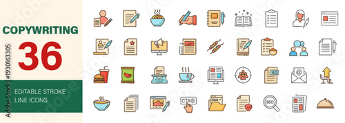Collection of 36 editable icons for writing and content creation displayed on a clean grid layout