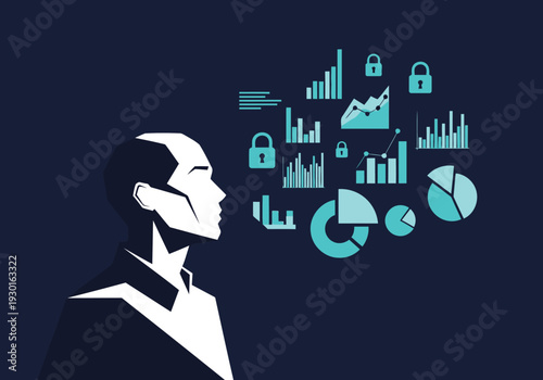 Silhouette of a man analyzing financial data and security metrics