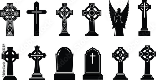 Set of Christian cross and gravestone silhouettes isolated on white background vector collection