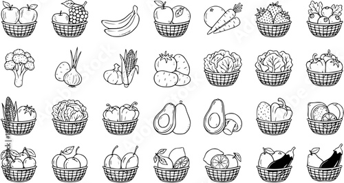 Hand drawn fruits and vegetables in baskets doodle icon set. Healthy food and farm market groceries outline collection.