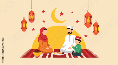 Happy Muslim family sitting on rug eating Iftar dinner together during Ramadan celebration, crescent moon and lanterns background, Islamic religious flat vector.
