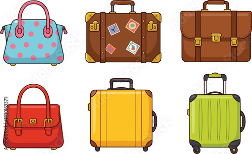 Travel Bags and Suitcases Set with Handbag, Vintage Trunk, Briefcase and Rolling Luggage Cartoon Vector Illustration Collection