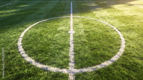Football Soccer Field Center Circle - White Marking on Green Grass Pitch with Center Line, Sports Field Detail