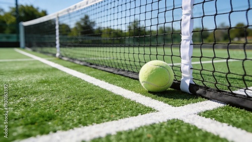 Tennis Ball at Net on Court - Close-up of Yellow Ball Near Tennis Net with White Lines on Green Court Surface