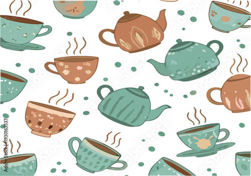 Tea cup and teapot seamless vector pattern, cute hand drawn beverage background illustration design