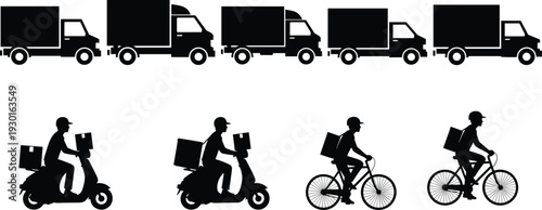Delivery service vehicles and couriers set, box trucks scooter and bicycle messengers silhouettes, last mile shipping transport icons isolated on white background