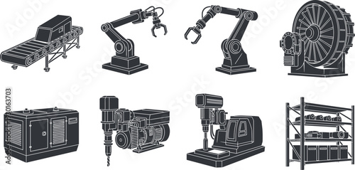 Industrial automation equipment set, robotic arms conveyor generator drilling machine turbine and factory tools, monochrome engineering illustration isolated on white background