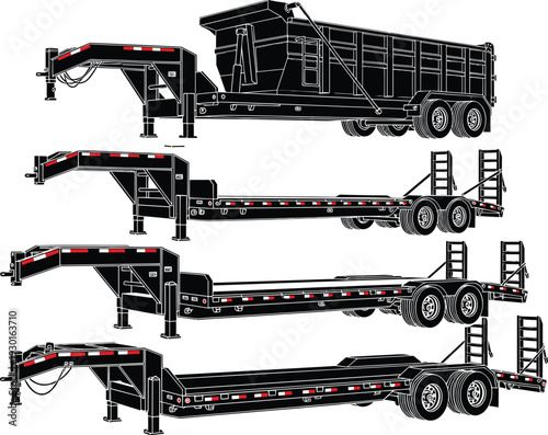 Heavy duty gooseneck trailers set, flatbed lowboy and dump equipment transport trailers, detailed black truck trailer illustrations isolated on white background
