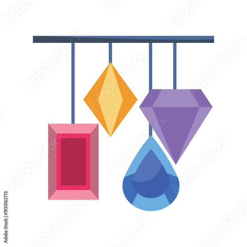 A collection of bright, colorful gems hanging from strings