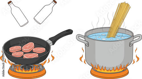 Cooking Process Set with Frying Meat in Pan and Boiling Pasta in Pot on Stove Vector Illustration
