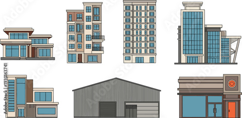 Modern residential and commercial buildings set, houses apartments offices warehouse and retail storefront architecture illustrations isolated on white background collection