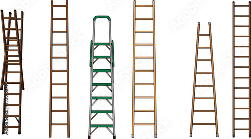 Wooden and Metal Ladders Collection Including Step Ladder Extension Ladder and Folding Ladder Construction Equipment Vector Illustration Set